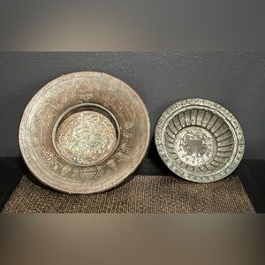 Lot of 2 Vintage Antique Copper Bowls Hand Crafted Etched Nice Patina Finish